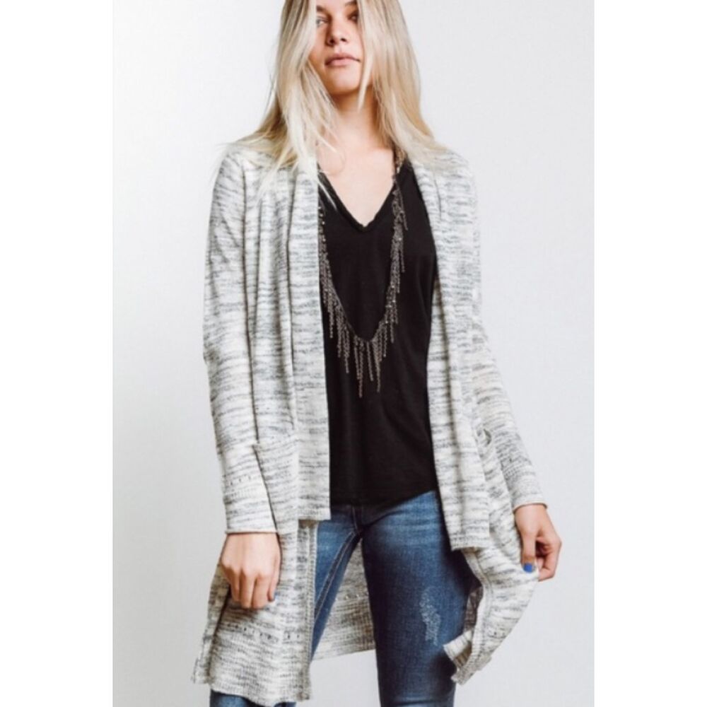 ANTHROPOLOGIE Cream Gray Linen Blend Long Open Cardigan Size L Large